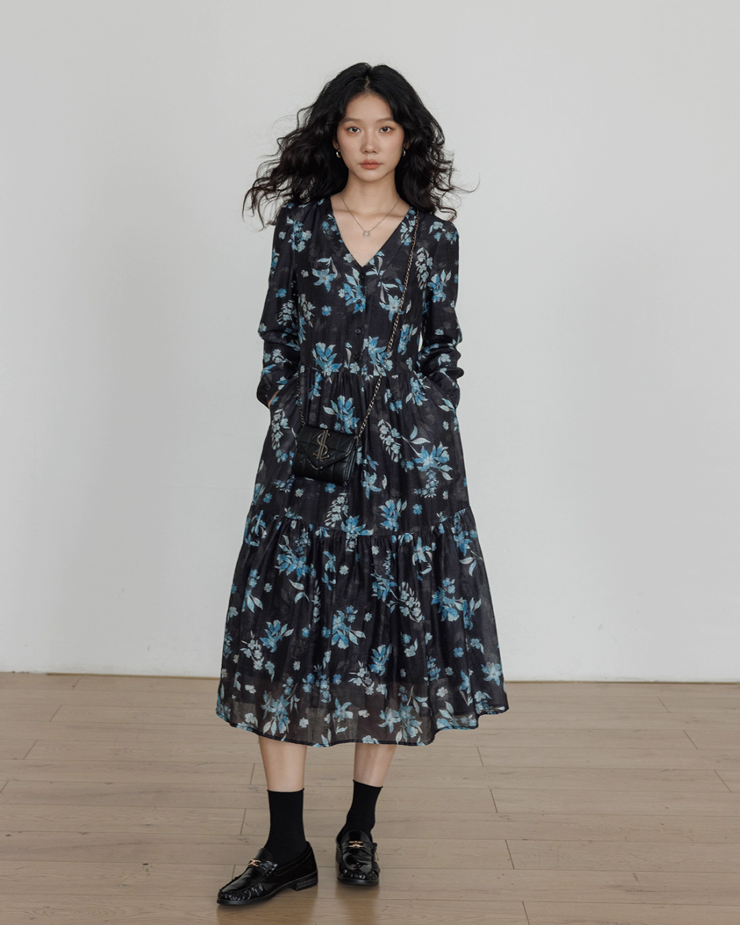 V-Neck Linen Print Elegant Dress VAS0151
