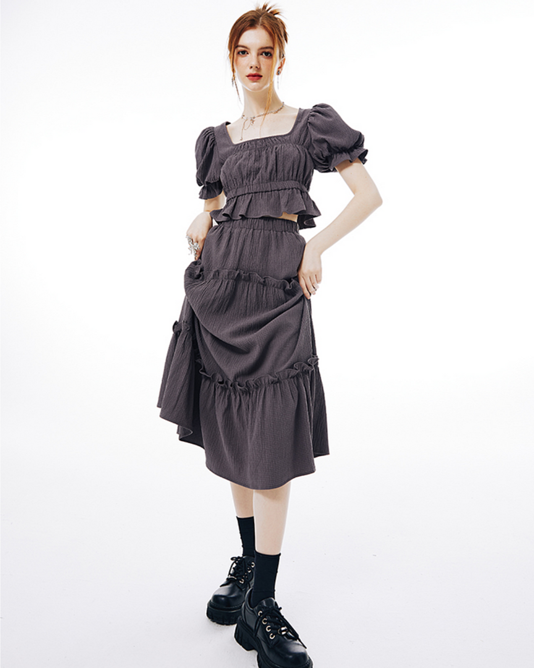 Balloon Sleeve Ruffle Dress IMO0065