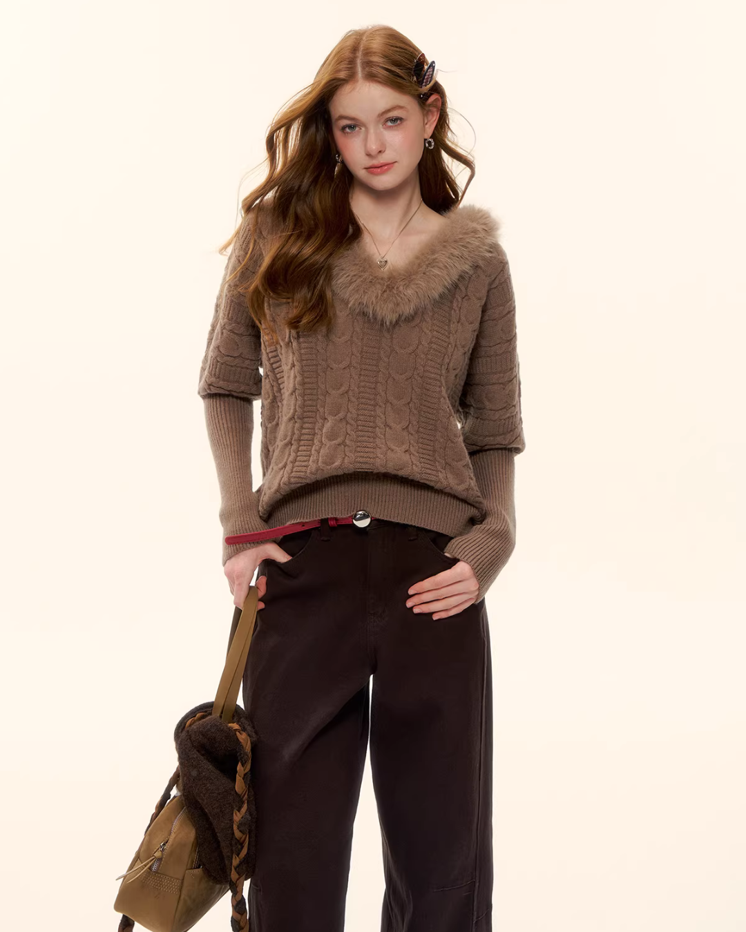 Fur Collar Cable Knit Top ASG0077