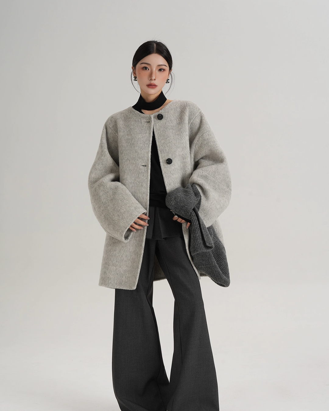 Hood Scarf Mid Length Wool Coat SRS0358