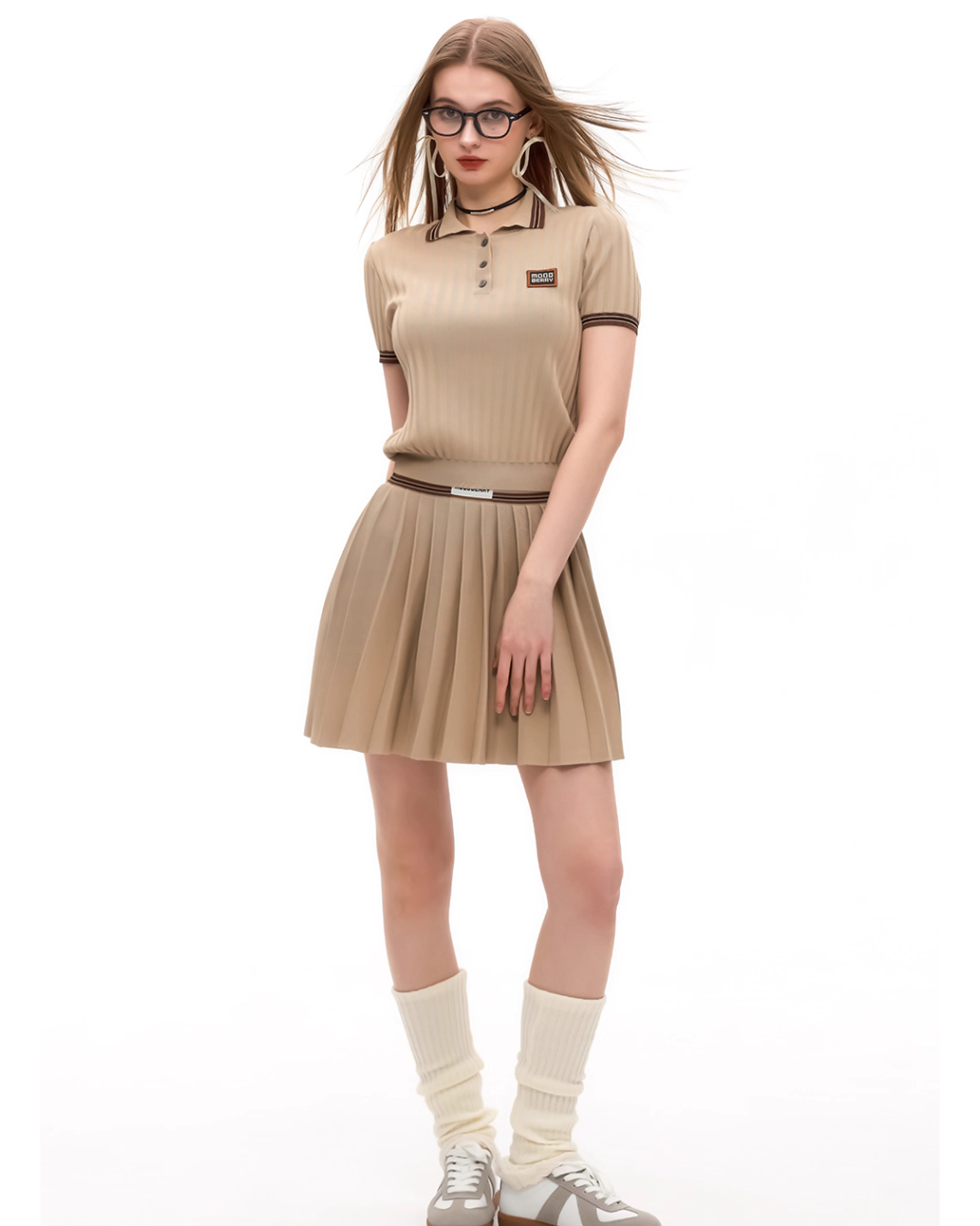 Polo Rib Knit Top / Pleated Skirt MDB0001