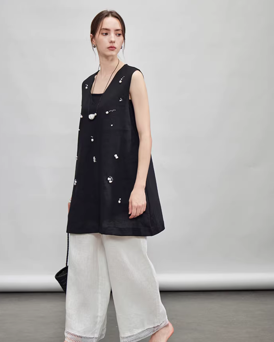 V-Neck Linen Sleeveless / Straight Linen Wide Pants TEO0012