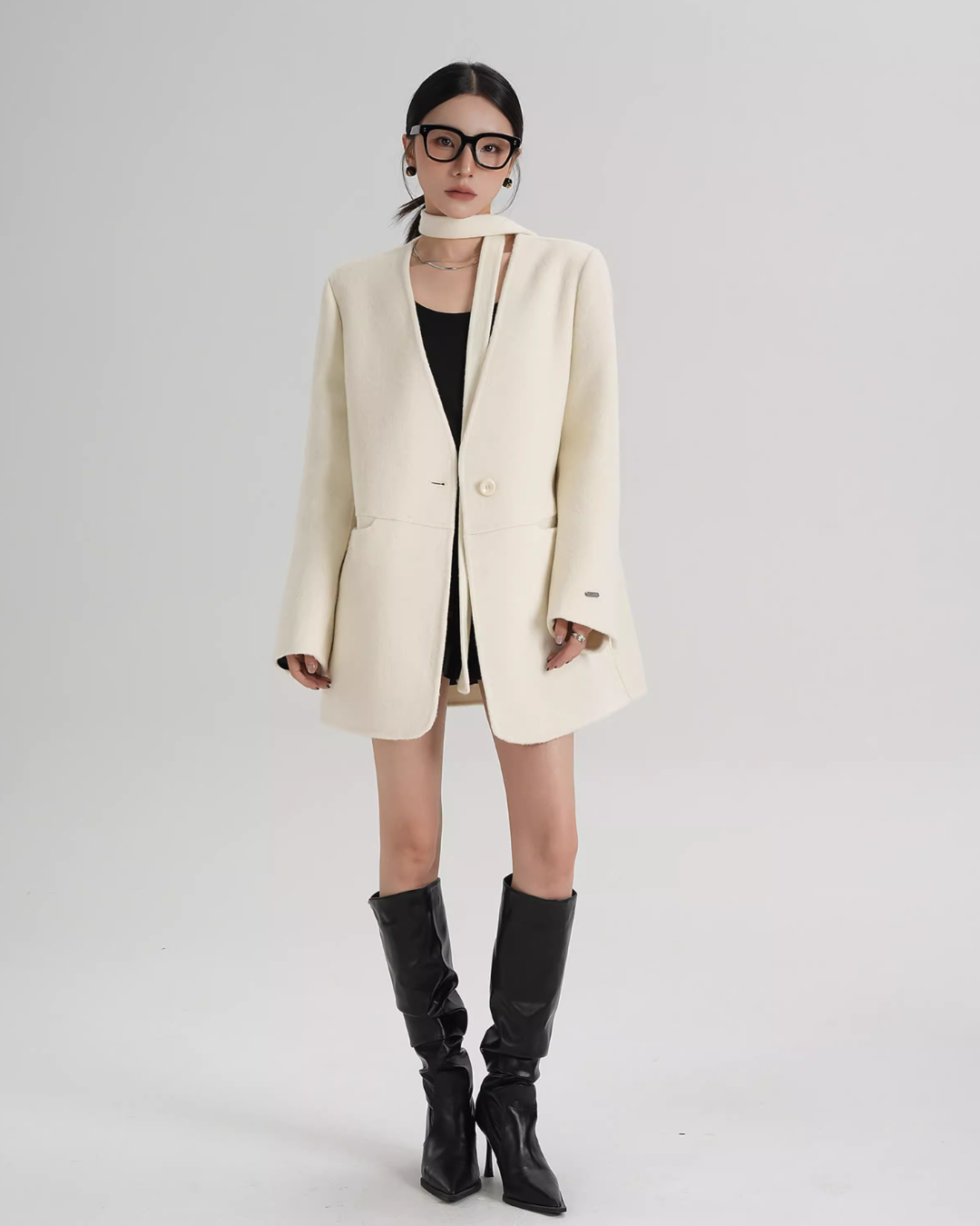 Collarless Wool Coat with Choker SRS0393