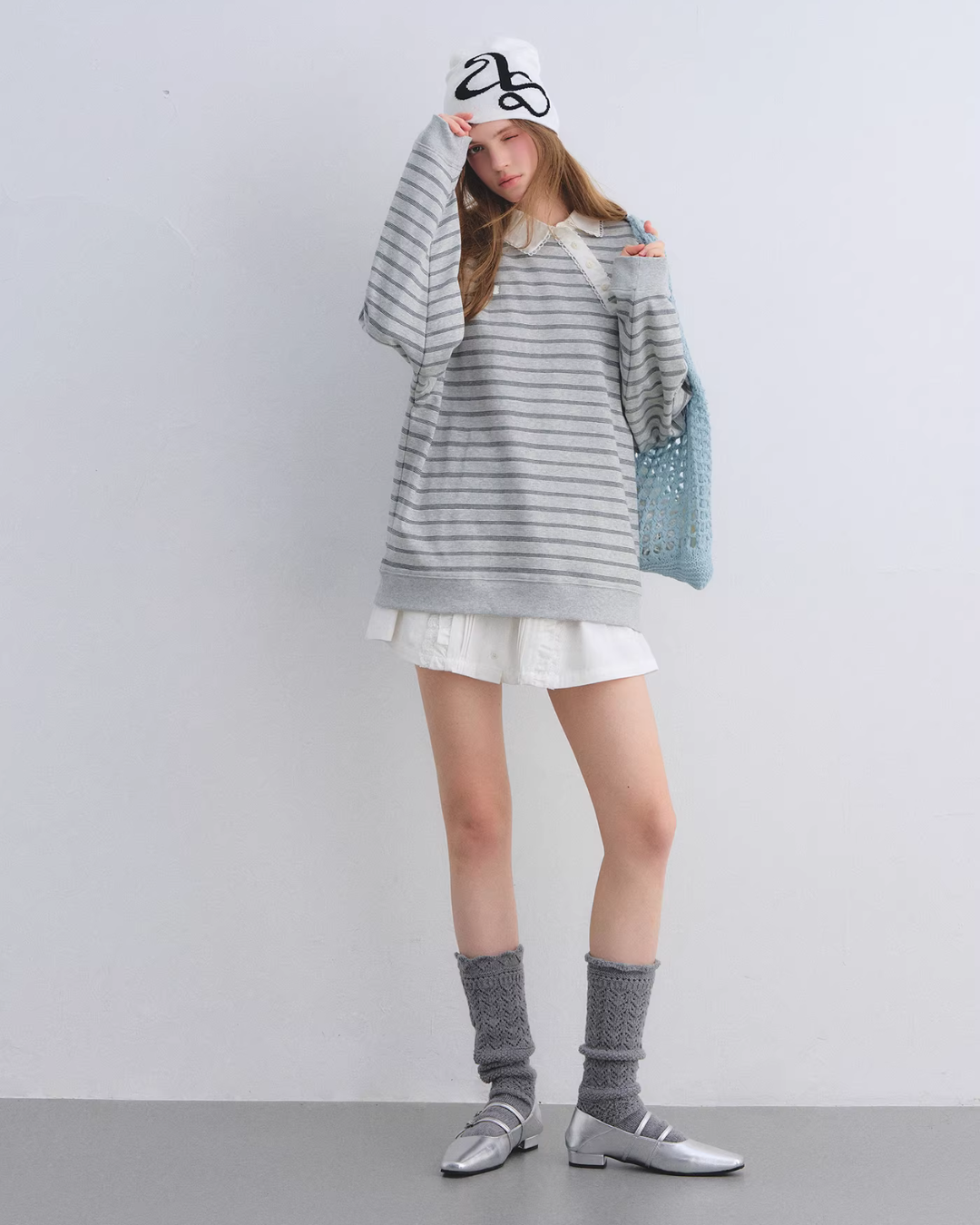 Button Lace Collar Striped Top ASG0085