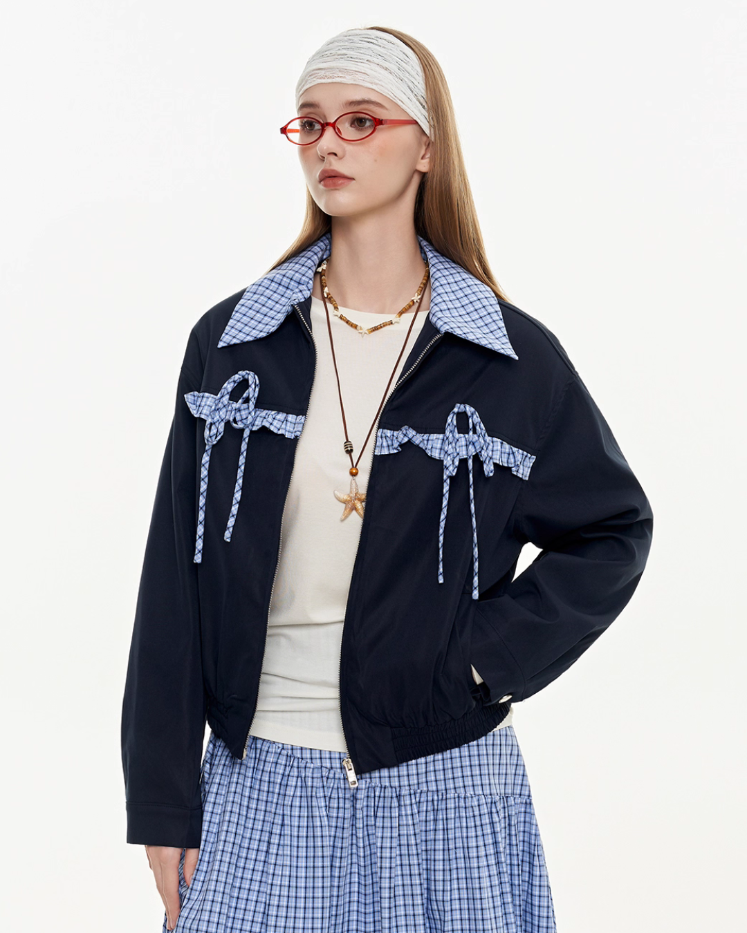 Retro Check Patchwork Jacket / A-Line Skirt MDB0011