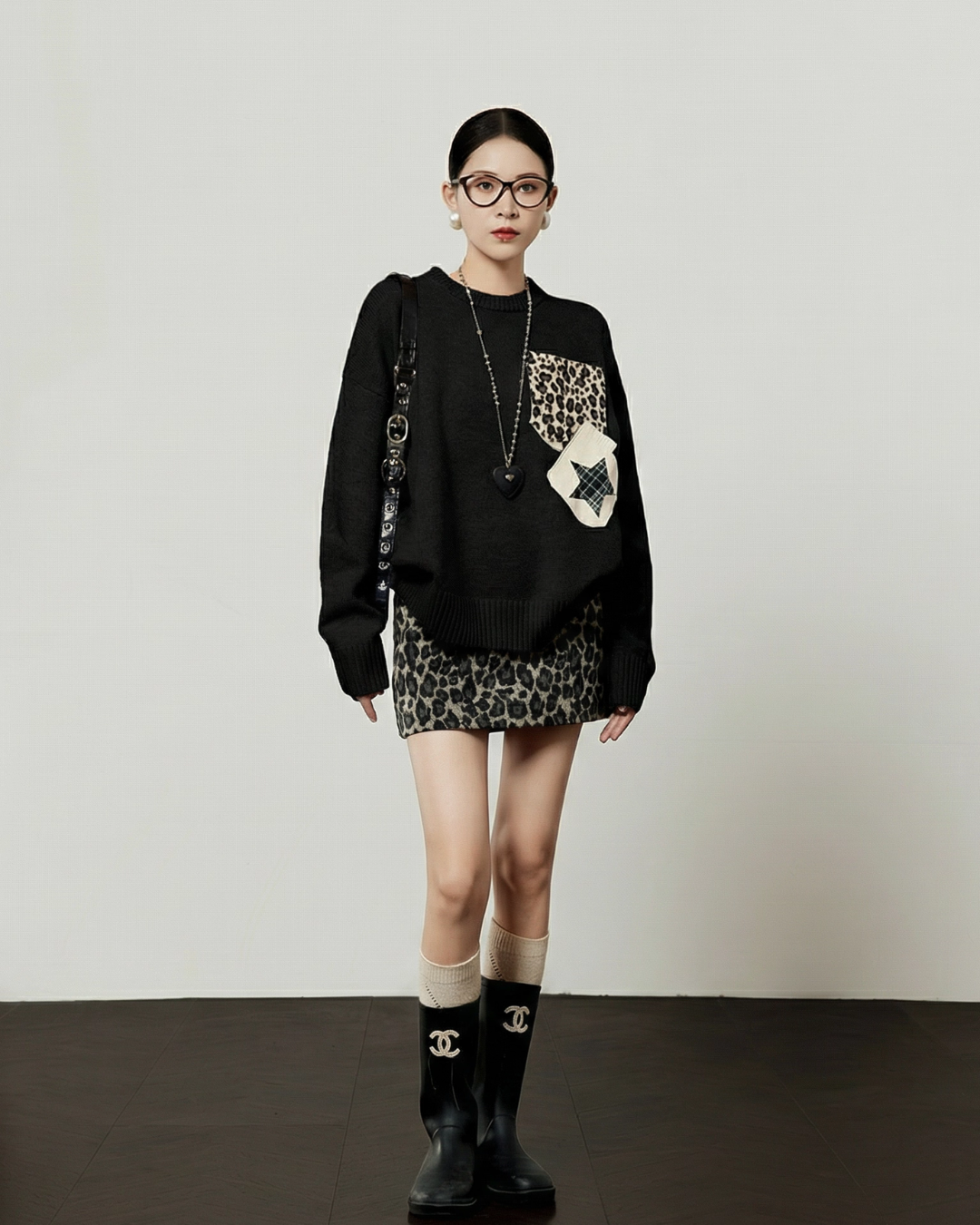 Leopard Round Neck Knit / Leopard Mini Skirt LLA0588