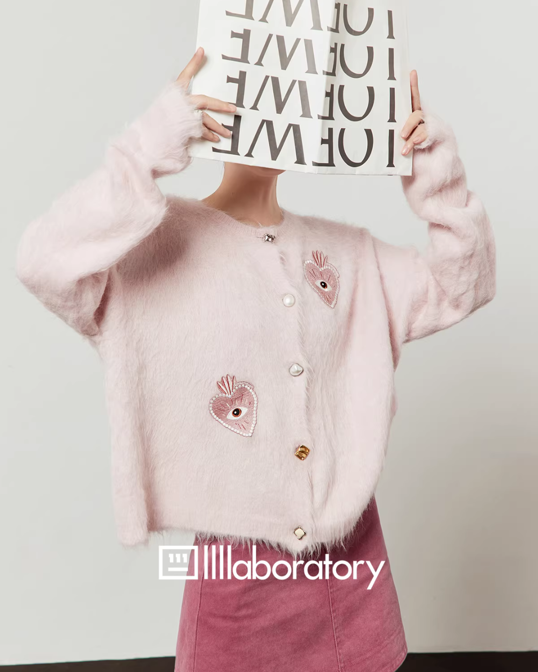 Heart Patch Shaggy Knit Cardigan / Pink Mini Skirt LLA0592