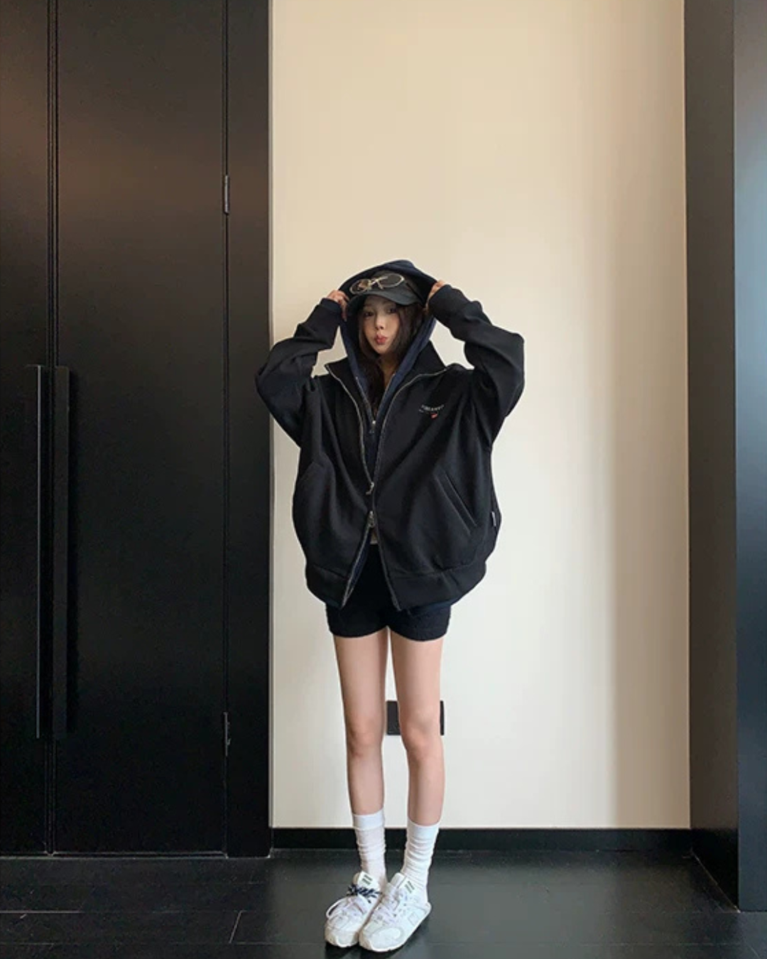 Labeled Button Double Zip Hoodie YLS1076