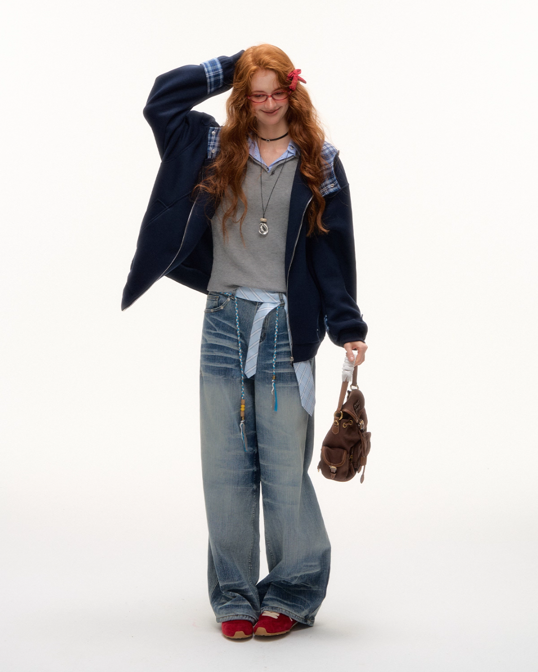 Plaid Patched Hood Jacket / Long Sleeve Top / Denim Pants ASG0048