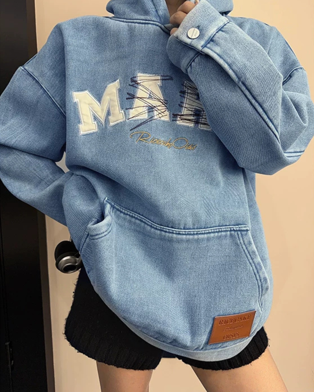 Oversize Retro Embroidered Denim Hoodie YLS1077