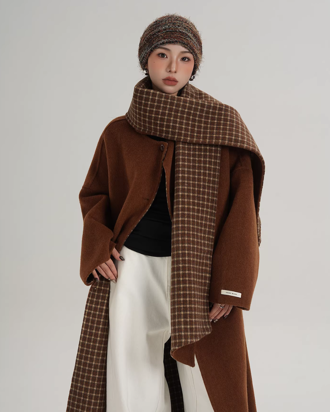 Collarless Coat with Checkered Scarf SRS0405
