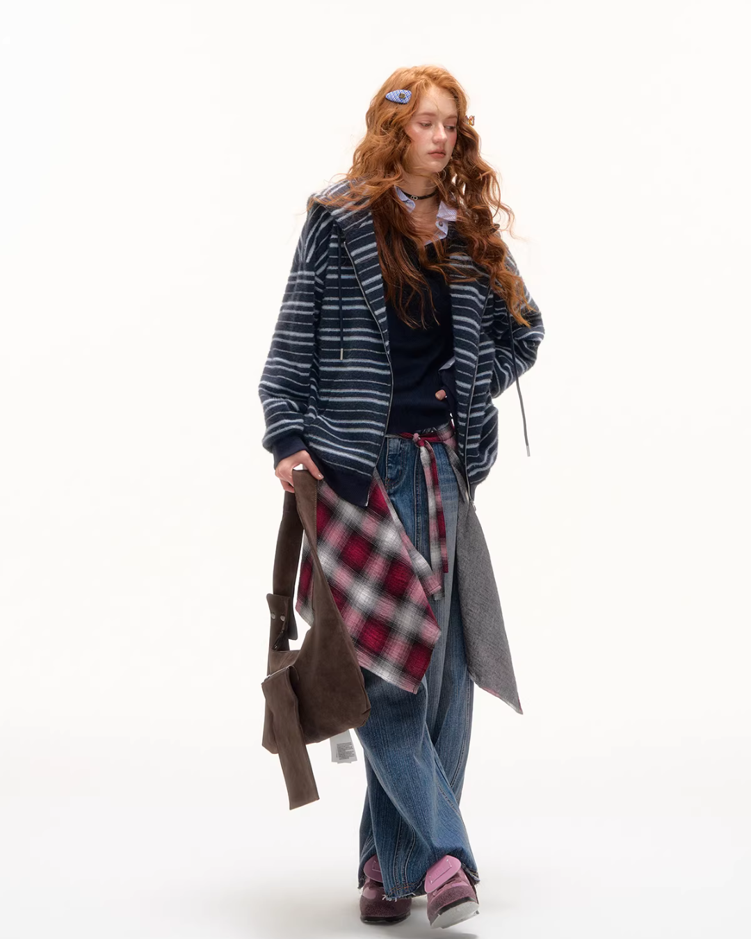 Striped Cat Ear Hoodie / Layered-Style Design Shirt ASG0076