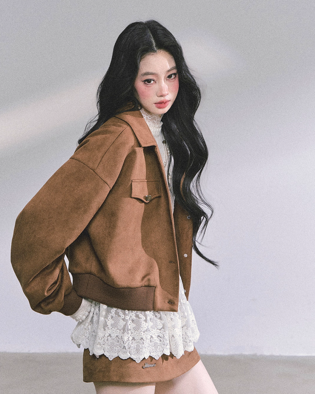 Wool Blazer Jacket/Mini Skirt/Frill Lace Blouse LAS0042