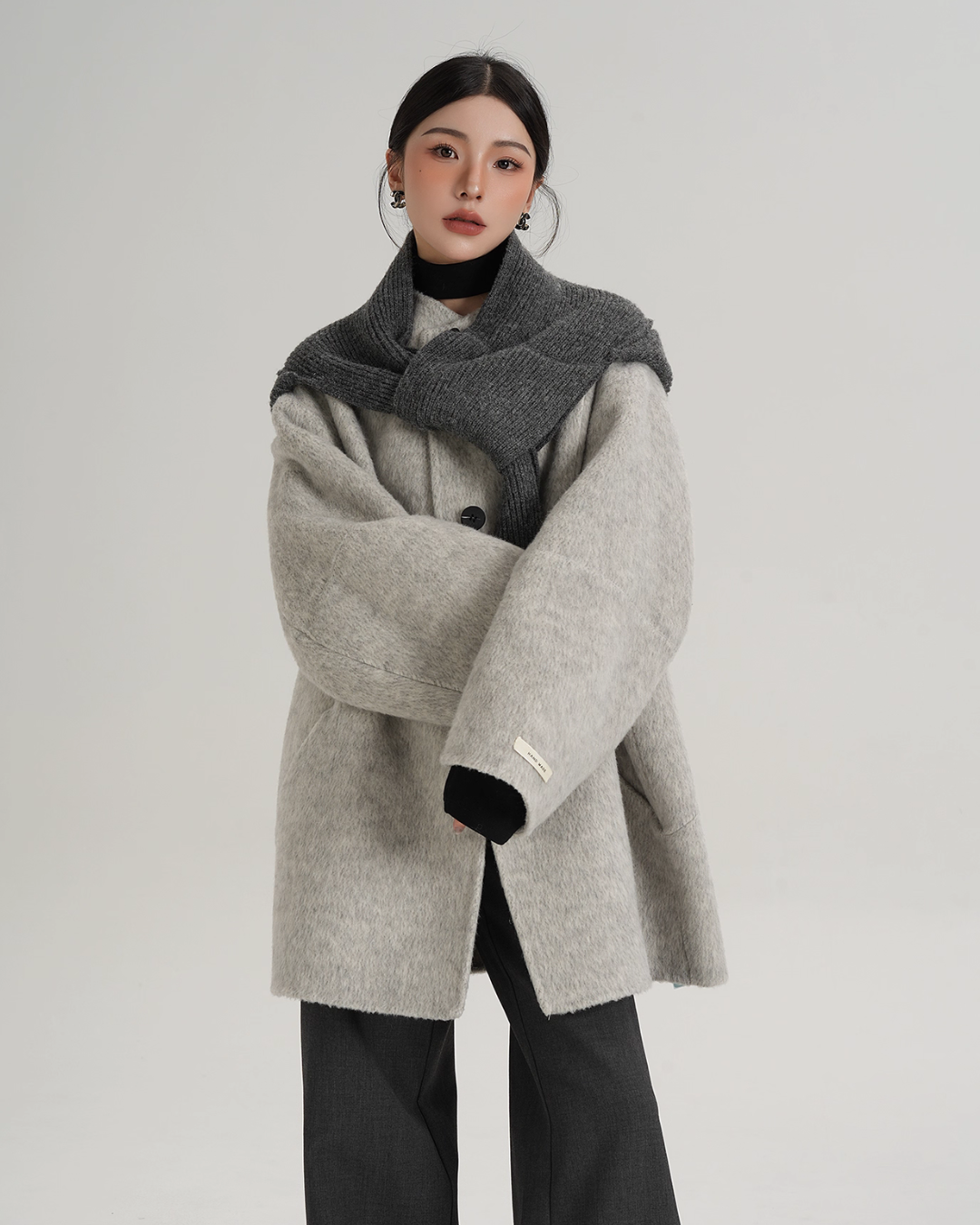 Hood Scarf Mid Length Wool Coat SRS0358