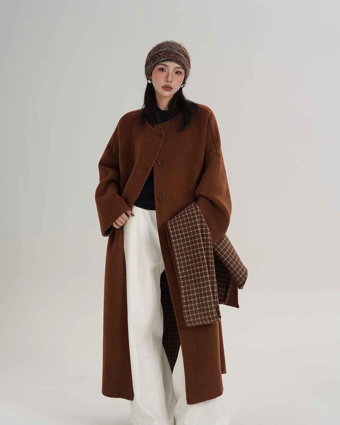 Collarless Coat with Checkered Scarf SRS0405