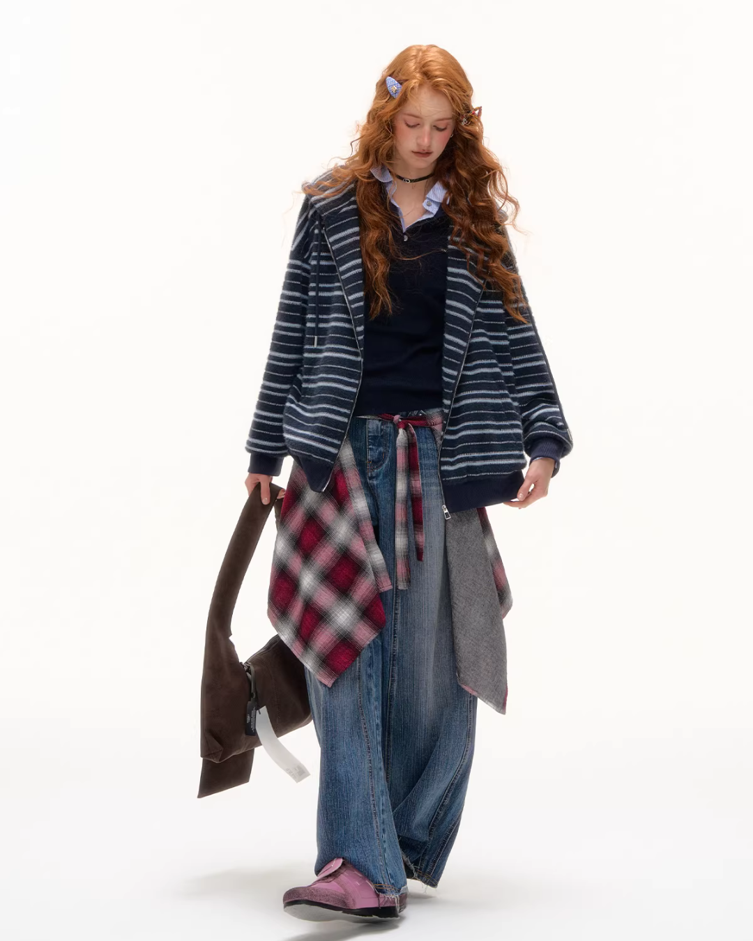Striped Cat Ear Hoodie / Layered-Style Design Shirt ASG0076