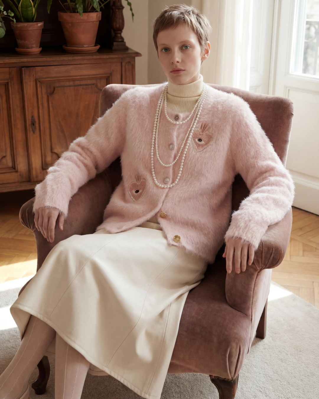 Heart Patch Shaggy Knit Cardigan / Pink Mini Skirt LLA0592