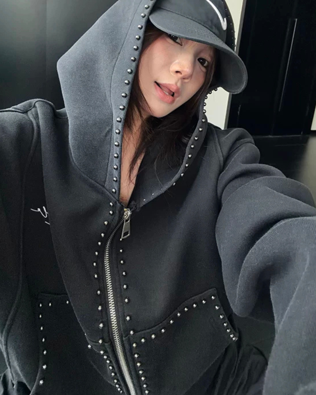 Studded Design Hooded Zip Jacket YLS1033