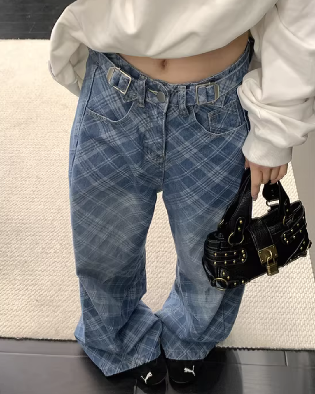 Plaid Wide-Leg Jeans YLS1019