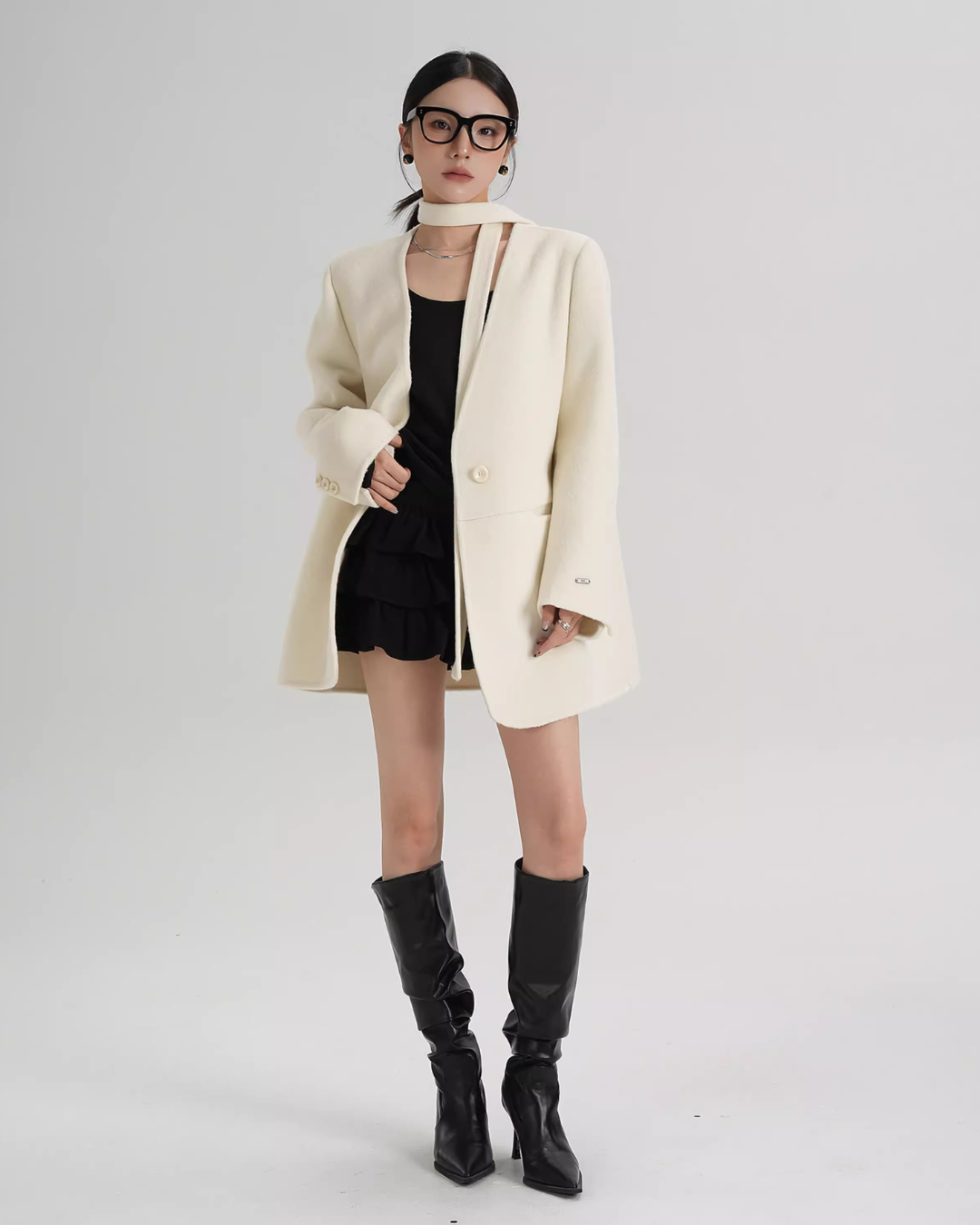 Collarless Wool Coat with Choker SRS0393