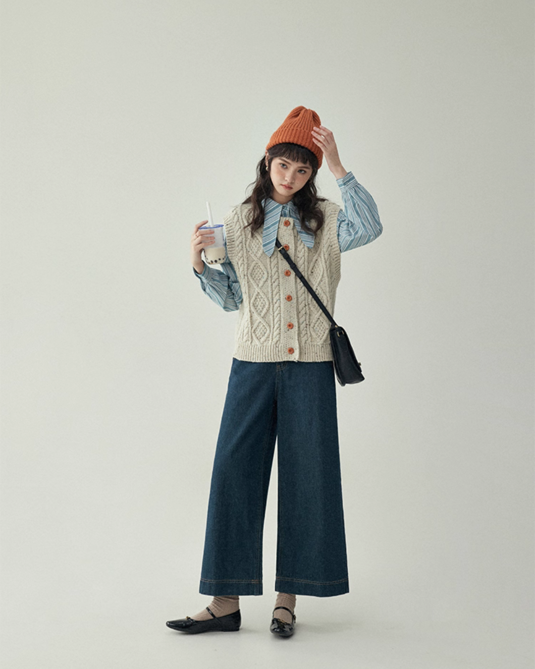 Blue Stripe Shirt / Wide Denim Pants / Corduroy Overall Skirt AMU0033