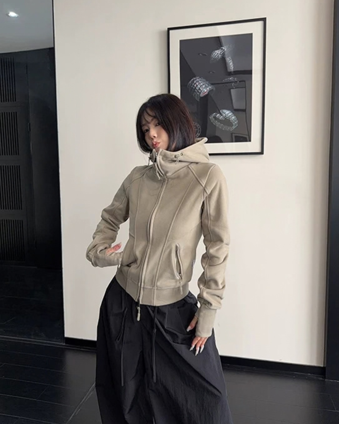 High-Neck Hooded Zip-Up Hoodie YLS1057