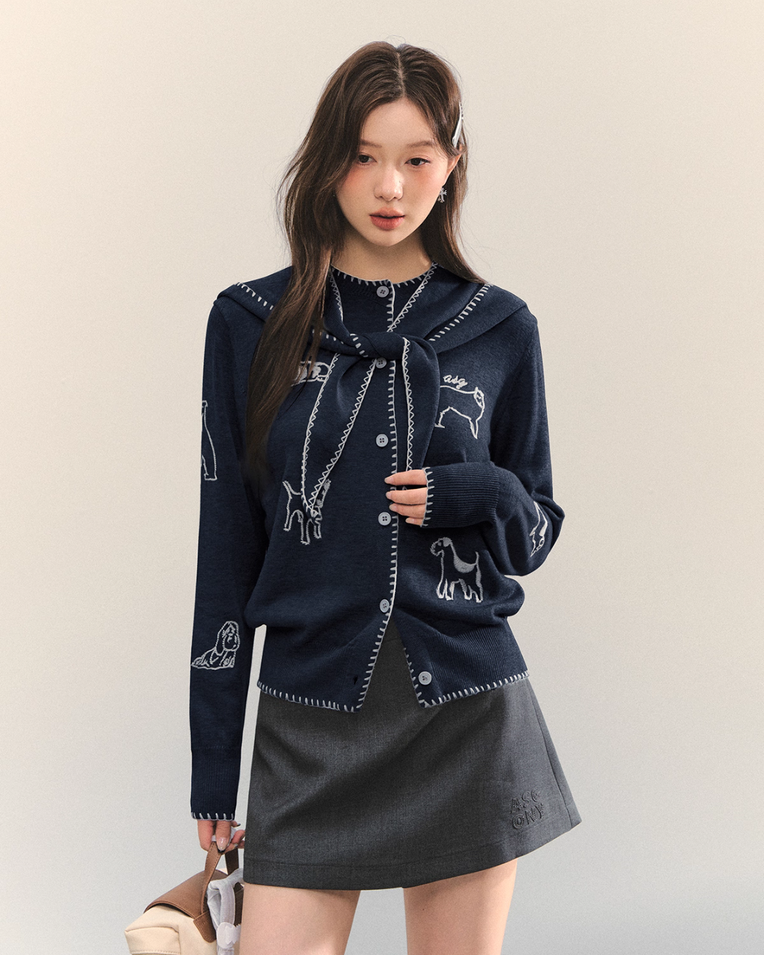 Dog Embroidery Round Neck Knit Cardigan ASG0070