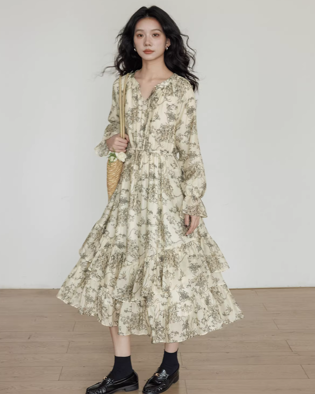 V-Neck Floral Vintage Shirt Dress VAS0192