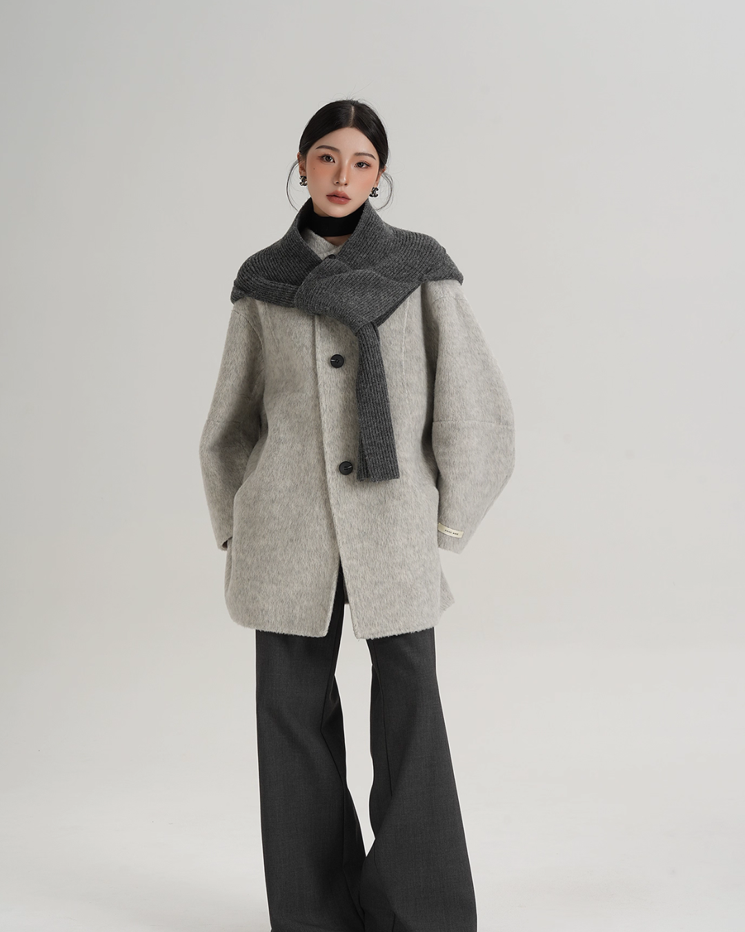 Hood Scarf Mid Length Wool Coat SRS0358