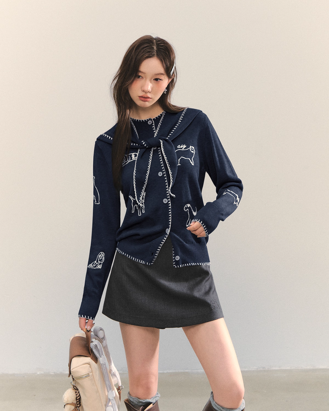 Dog Embroidery Round Neck Knit Cardigan ASG0070