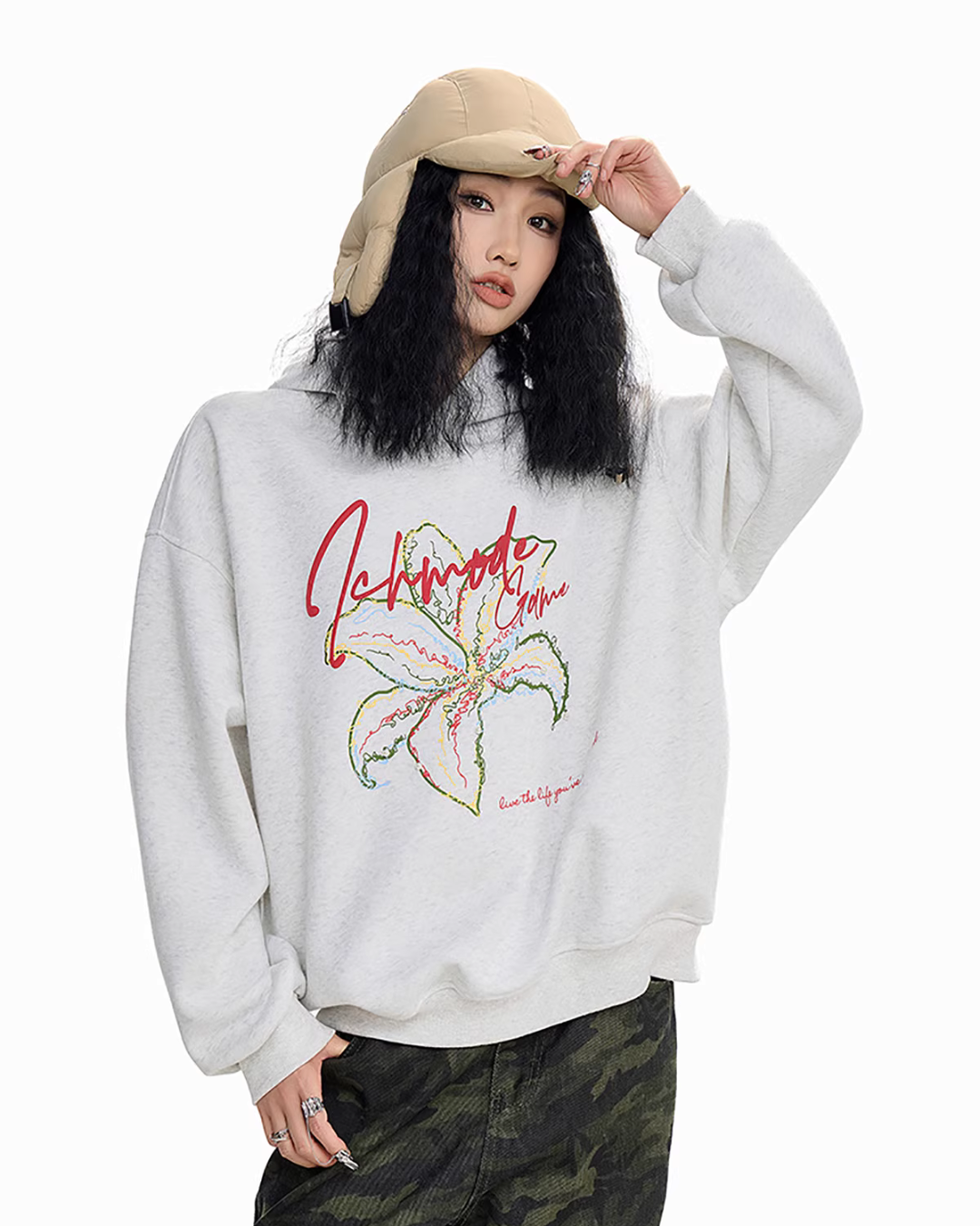 Flower Motif Loose Hoodie ICM0076