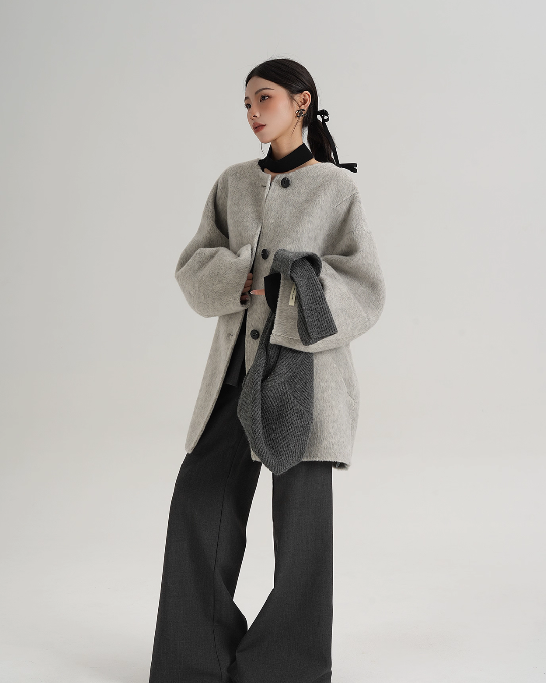 Hood Scarf Mid Length Wool Coat SRS0358