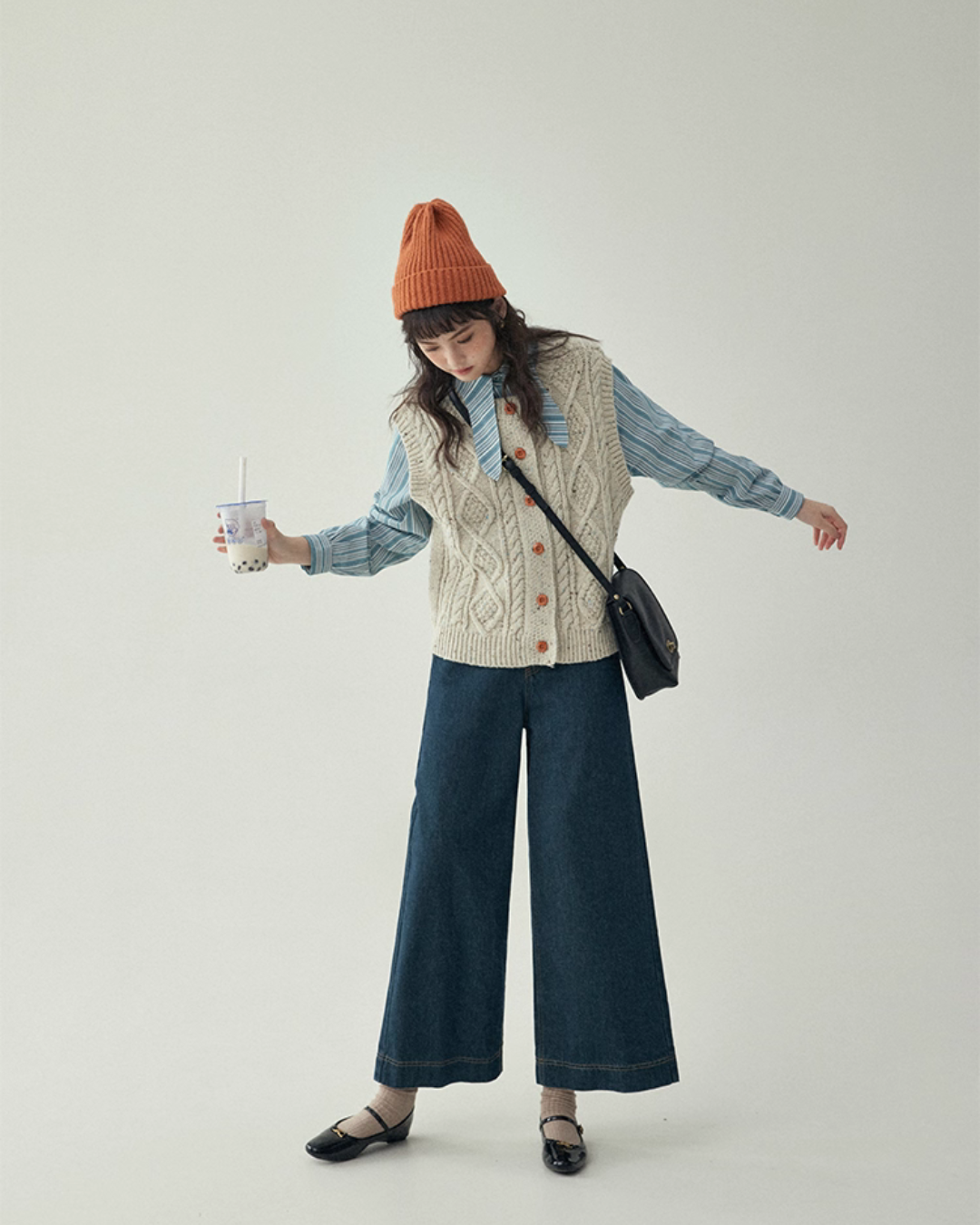 Blue Stripe Shirt / Wide Denim Pants / Corduroy Overall Skirt AMU0033
