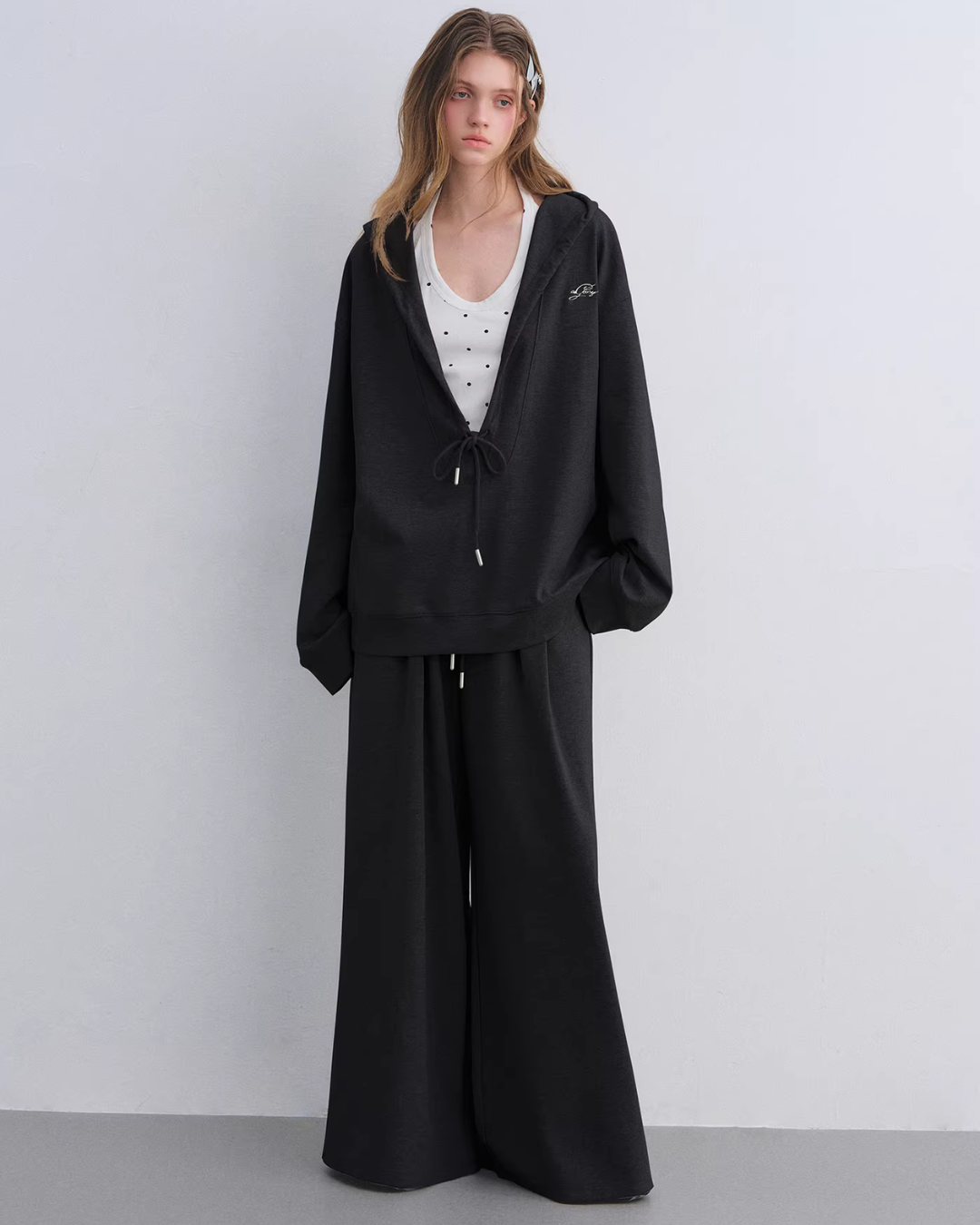 Polka Dot Vest V-Neck Hoodie / Loose Casual Sweatpants ASG0080