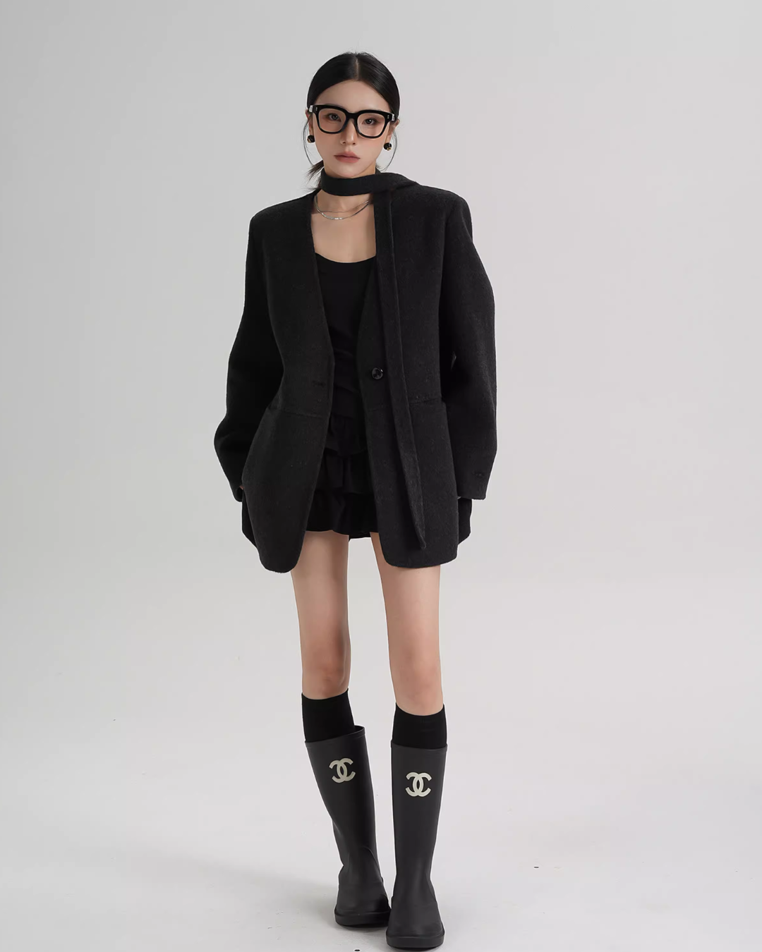 Collarless Wool Coat with Choker SRS0393