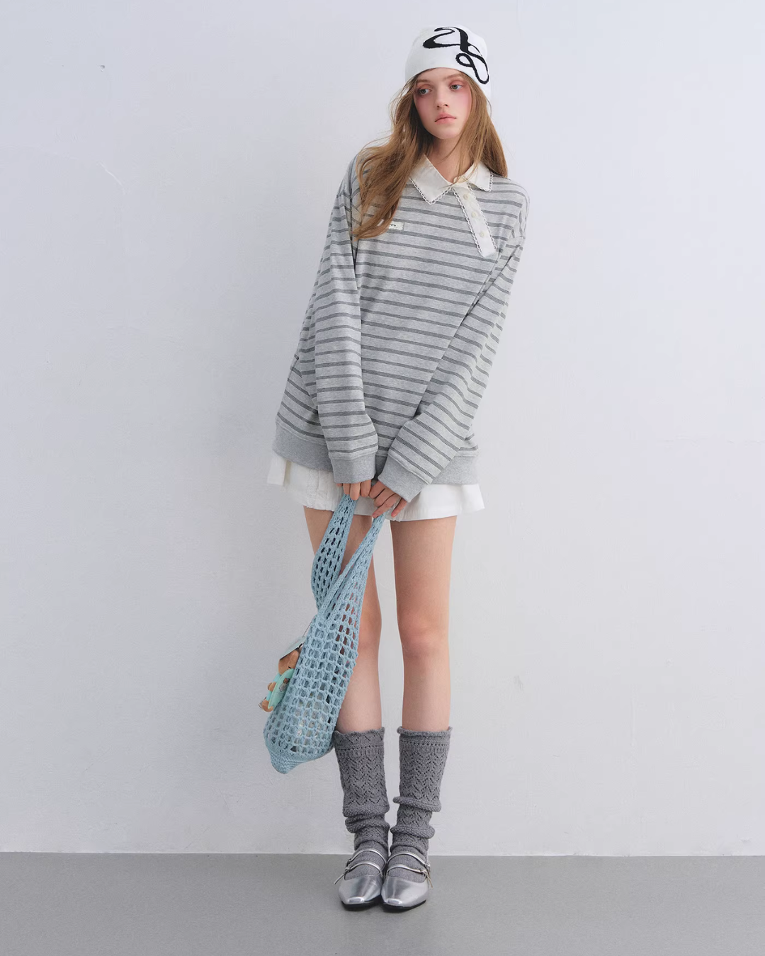 Button Lace Collar Striped Top ASG0085