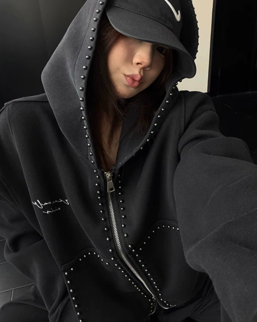 Studded Design Hooded Zip Jacket YLS1033