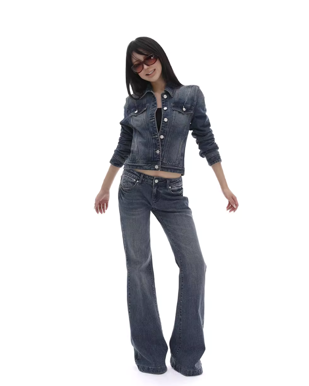 Washed Short Denim Jacket / Flare Slim Jeans IMX0008