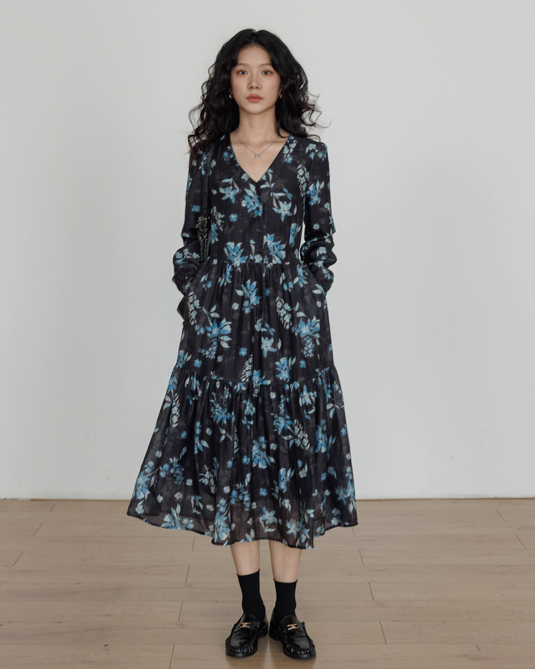 V-Neck Linen Print Elegant Dress VAS0151