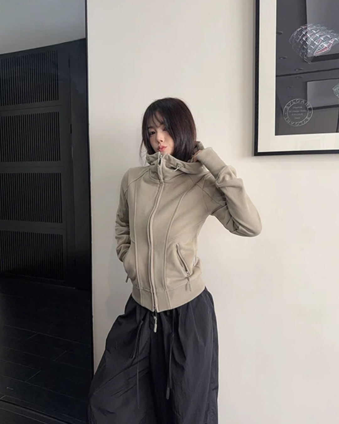 High-Neck Hooded Zip-Up Hoodie YLS1057