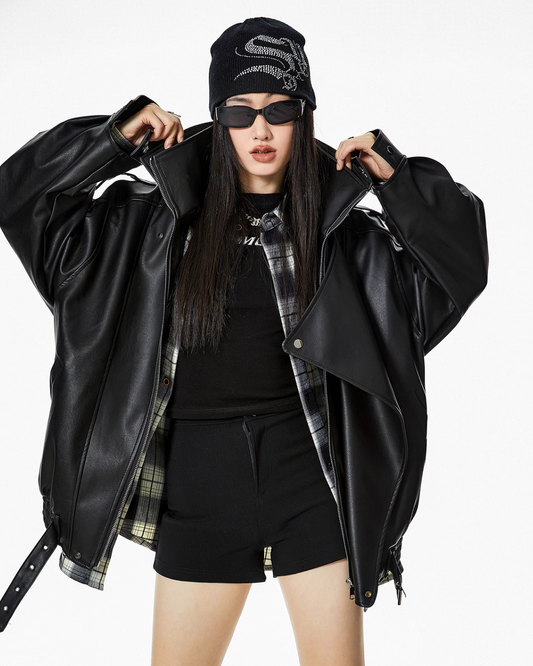 Stand Collar Volume Leather Jacket ICM0063