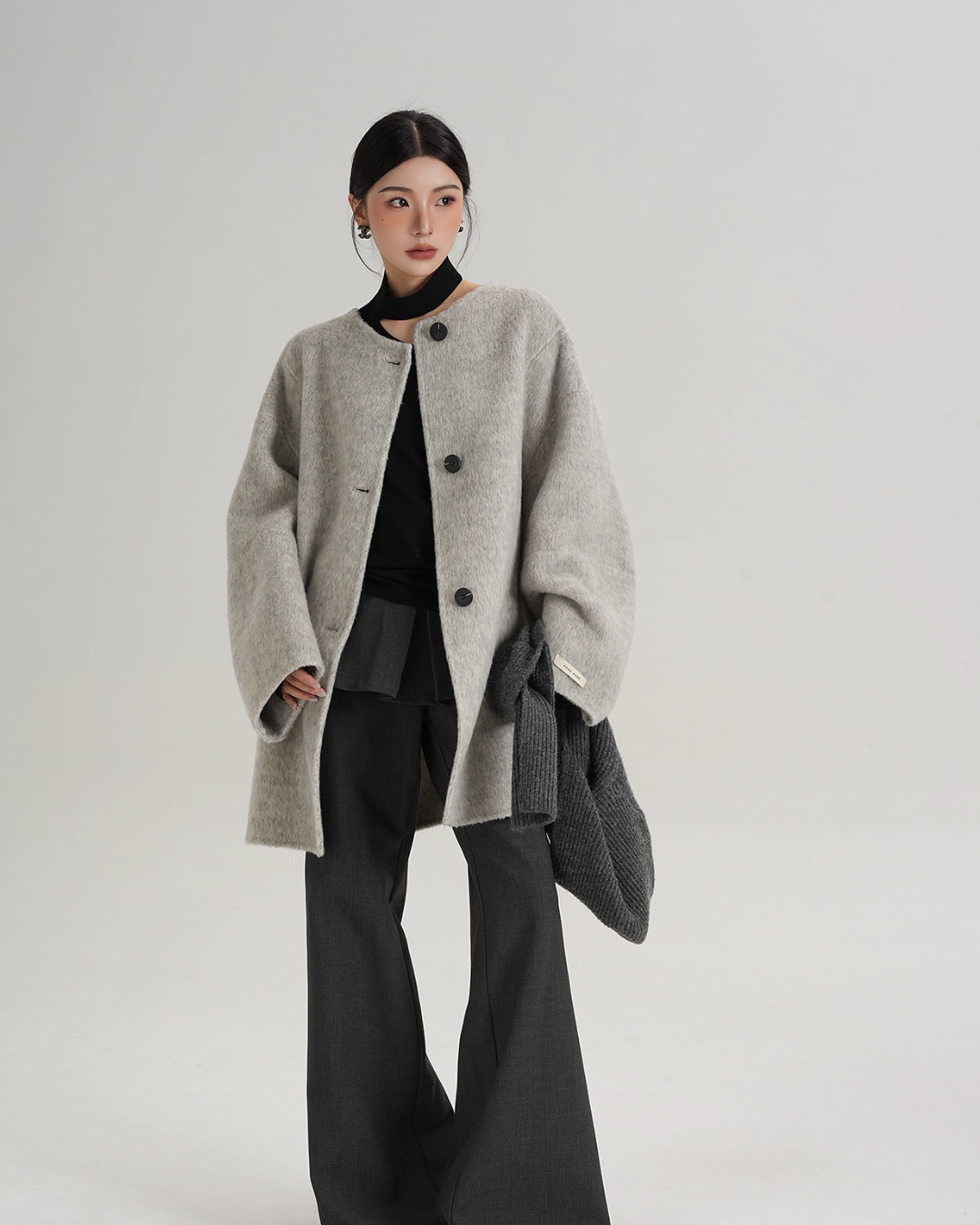 Hood Scarf Mid Length Wool Coat SRS0358