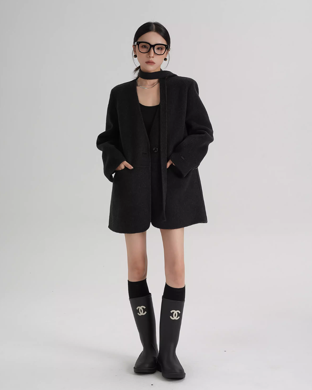 Collarless Wool Coat with Choker SRS0393