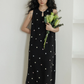 Flower Embroidery Pearl Button Long Dress VAS0203