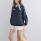 Button Lace Collar Striped Top ASG0085