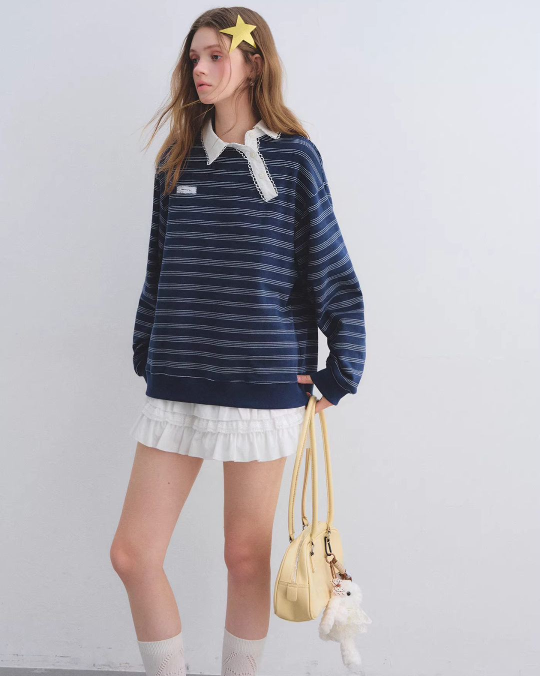 Button Lace Collar Striped Top ASG0085