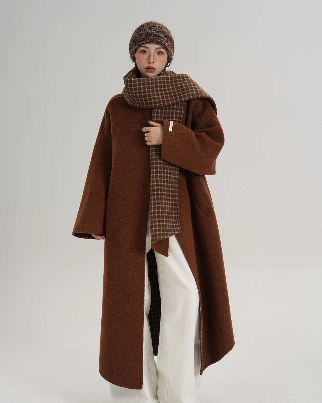 Collarless Coat with Checkered Scarf SRS0405