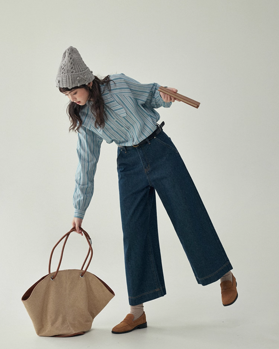 Blue Stripe Shirt / Wide Denim Pants / Corduroy Overall Skirt AMU0033