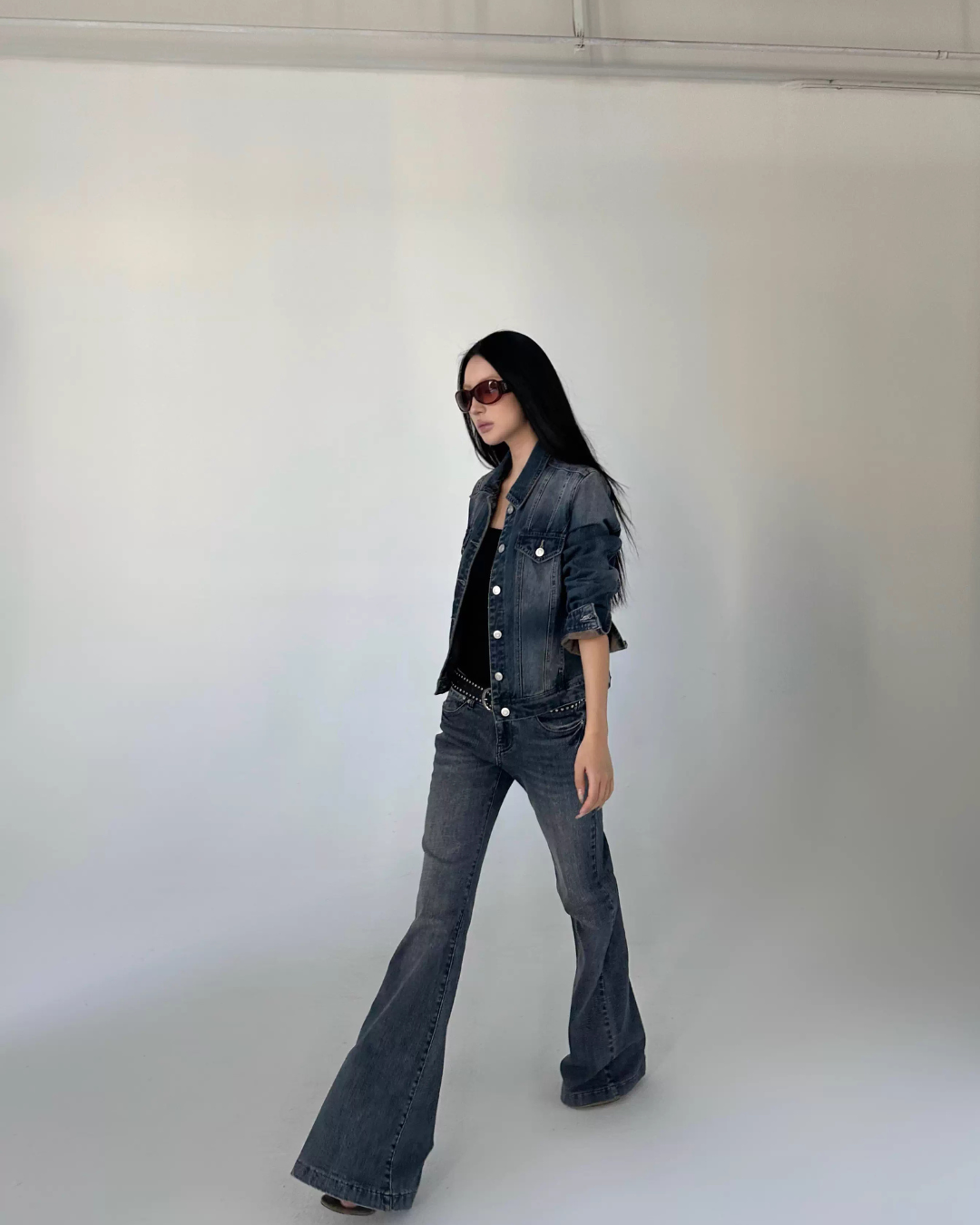 Washed Short Denim Jacket / Flare Slim Jeans IMX0008