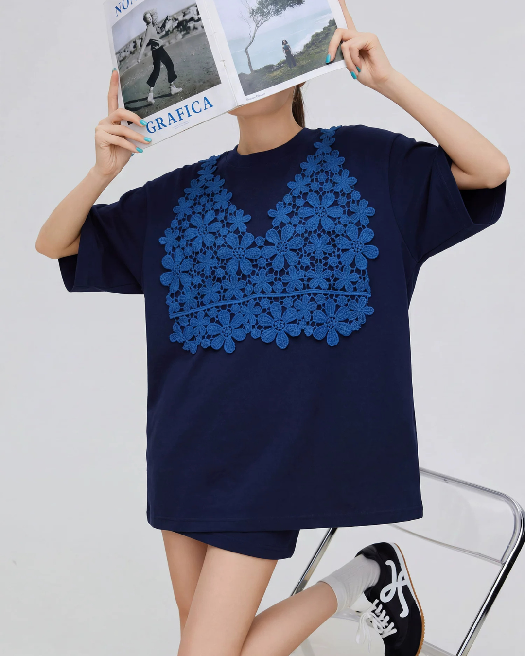 Flower Lace Docking Short-Sleeve T-Shirt FER0325